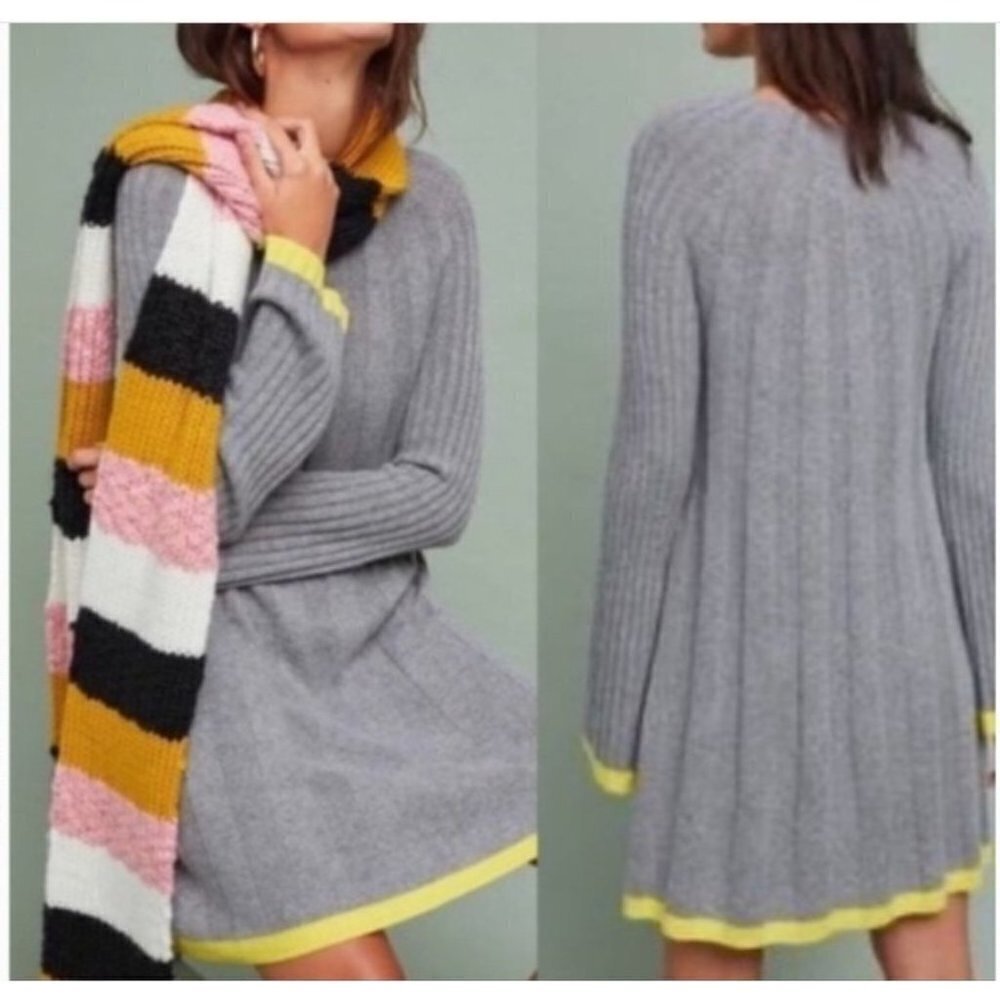 Anthropologie Ribbed Knit Fit‎ & Flare Gray Dress with Yellow Trim Women's Small